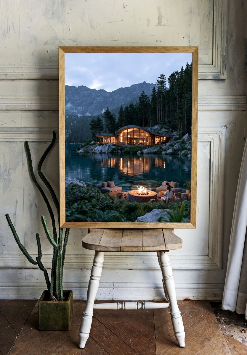 Lakeside Mountain Cabin Photography Poster. room preview
