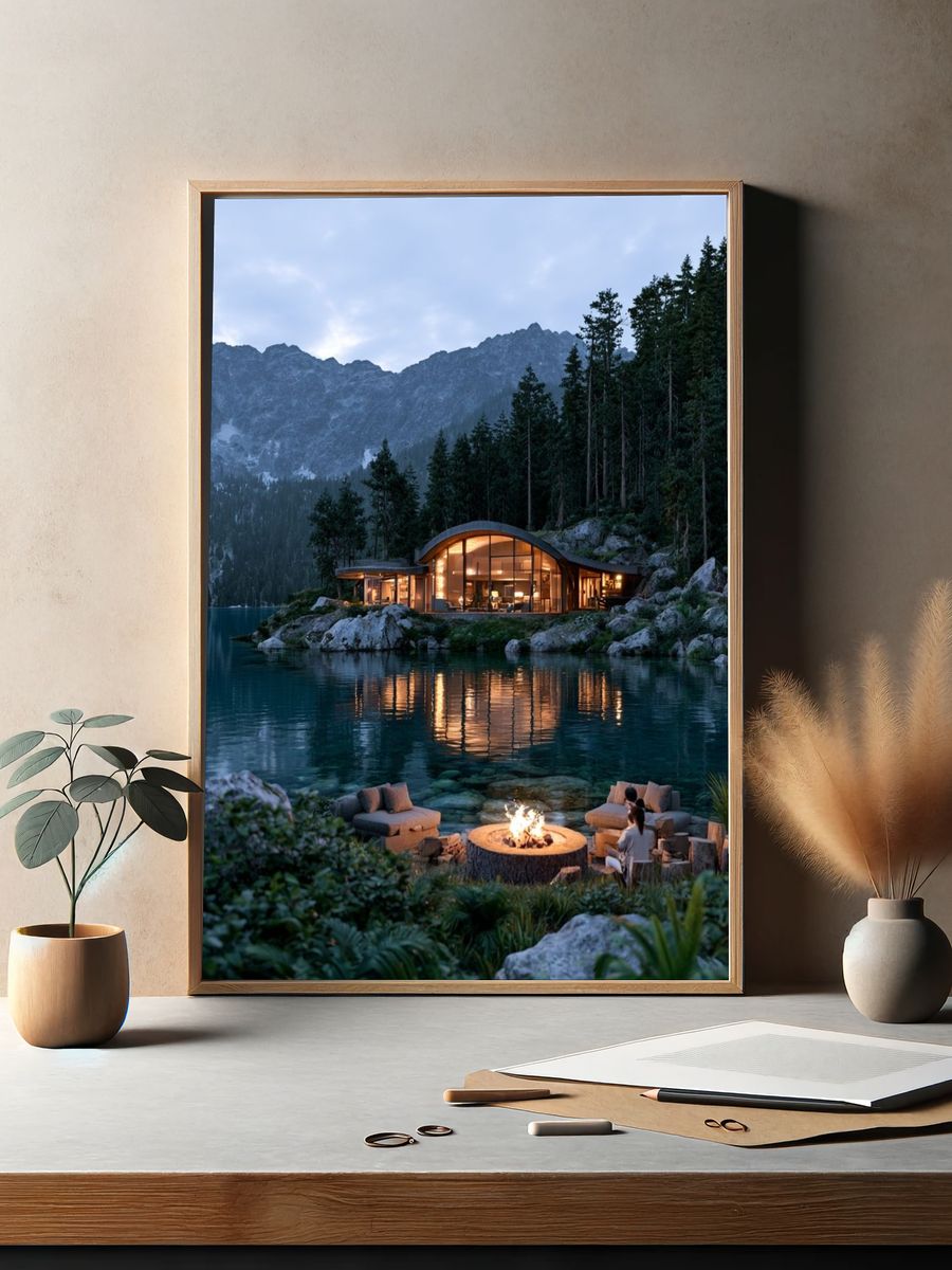 Lakeside Mountain Cabin Photography Poster. — room view 2