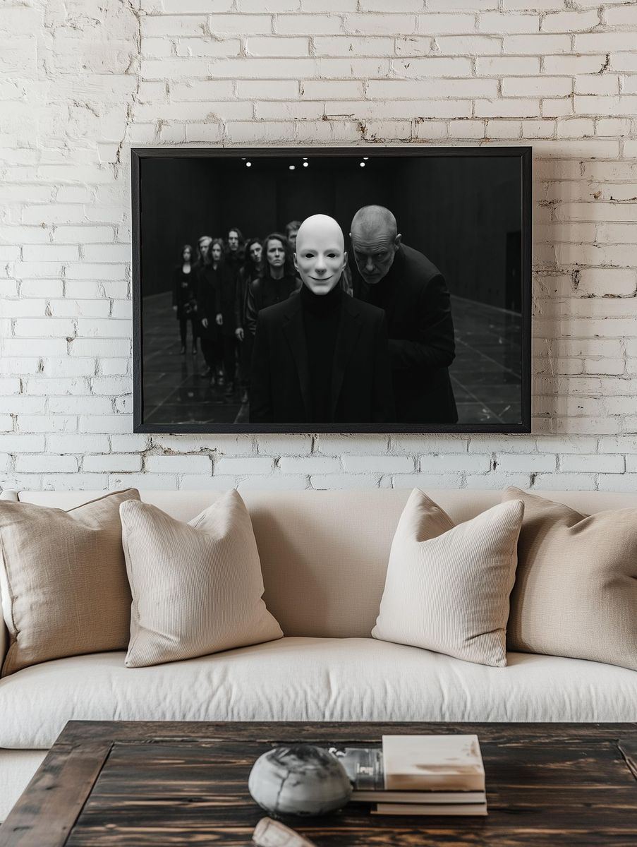 Masked Figures Dark Portrait Print. room preview
