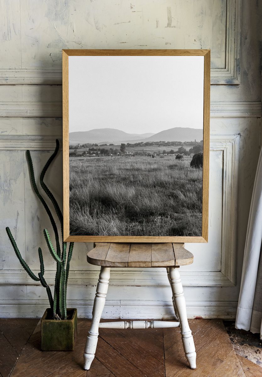 Misty Grassland Landscape Print. room preview