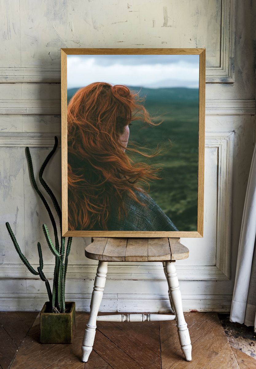 Windblown Red-Haired Portrait Print. room preview