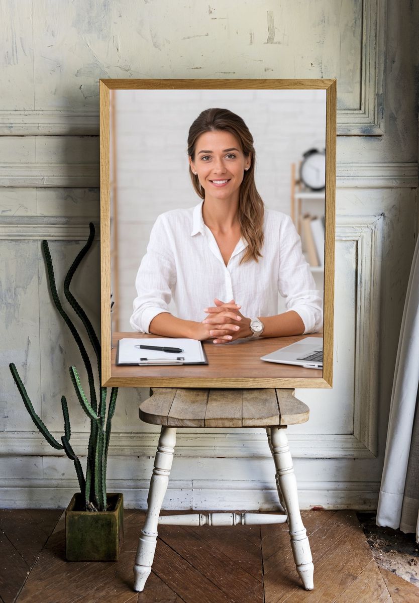 Smiling Woman at Desk Photography Poster. room preview