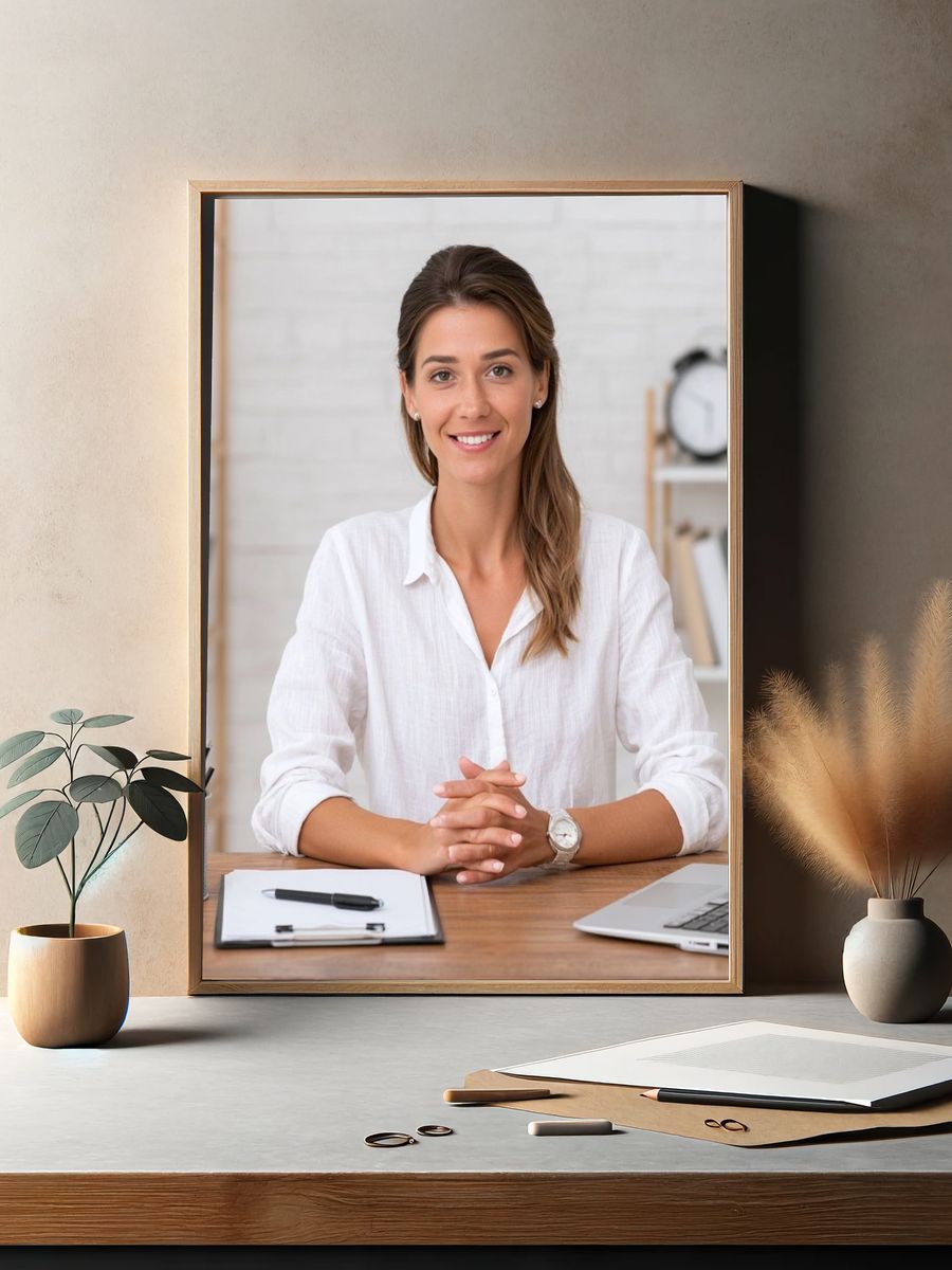 Smiling Woman at Desk Photography Poster. — room view 2