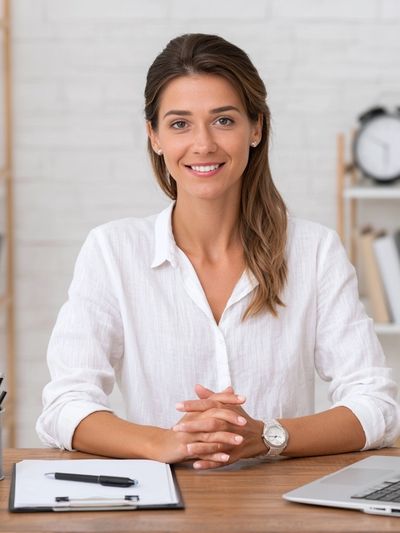 Smiling Woman at Desk Photography Poster.