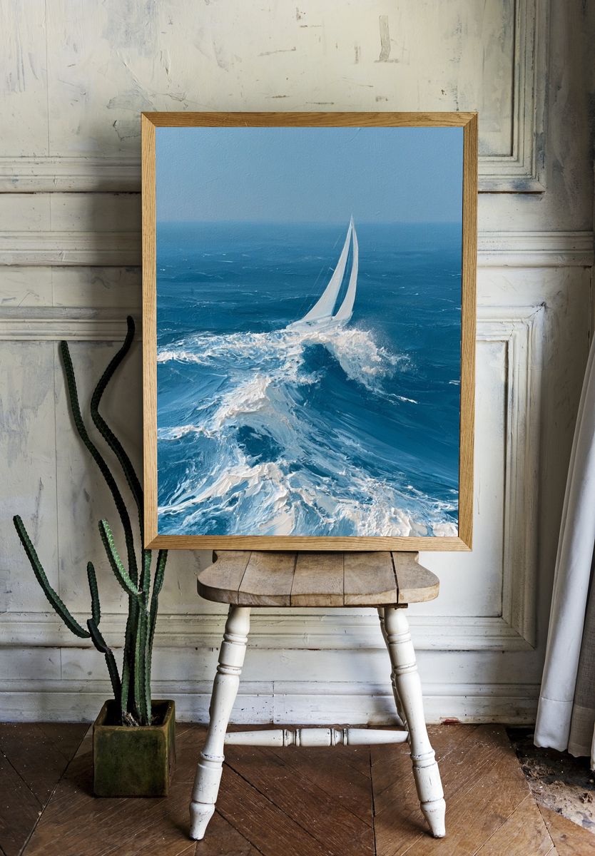 Sailing Through Blue Waves Poster. room preview