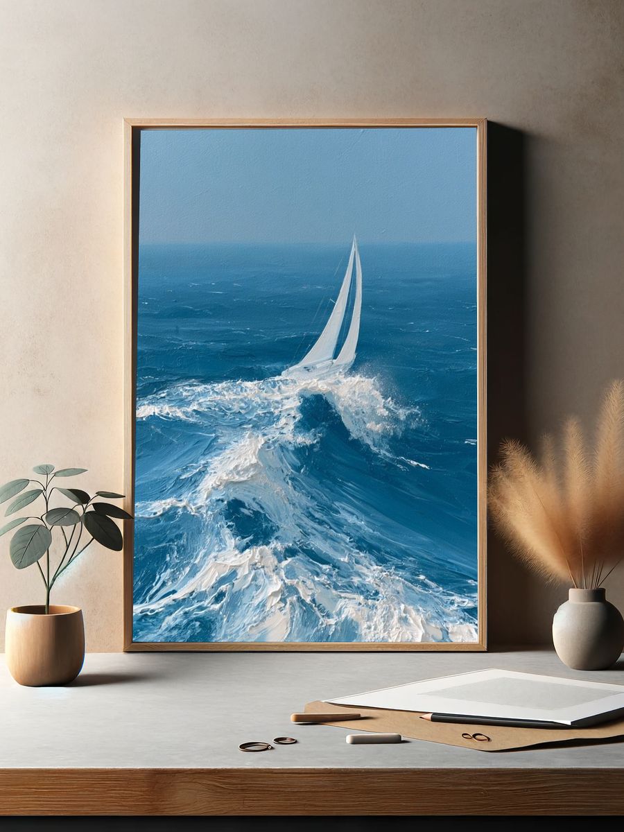 Sailing Through Blue Waves Poster. — room view 2