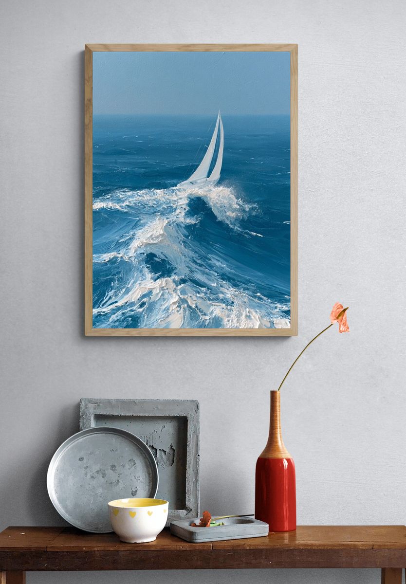 Sailing Through Blue Waves Poster. — room view 3