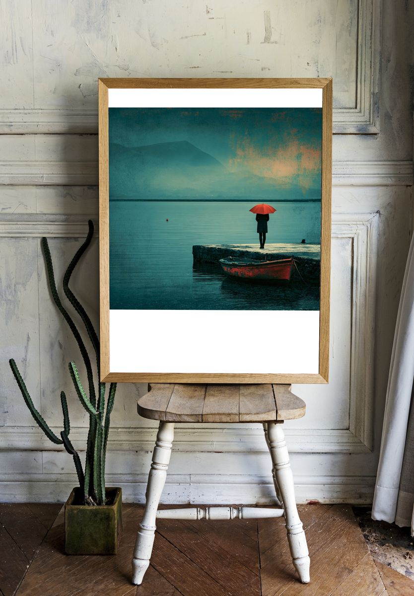 Red Umbrella Lakeside Print. room preview