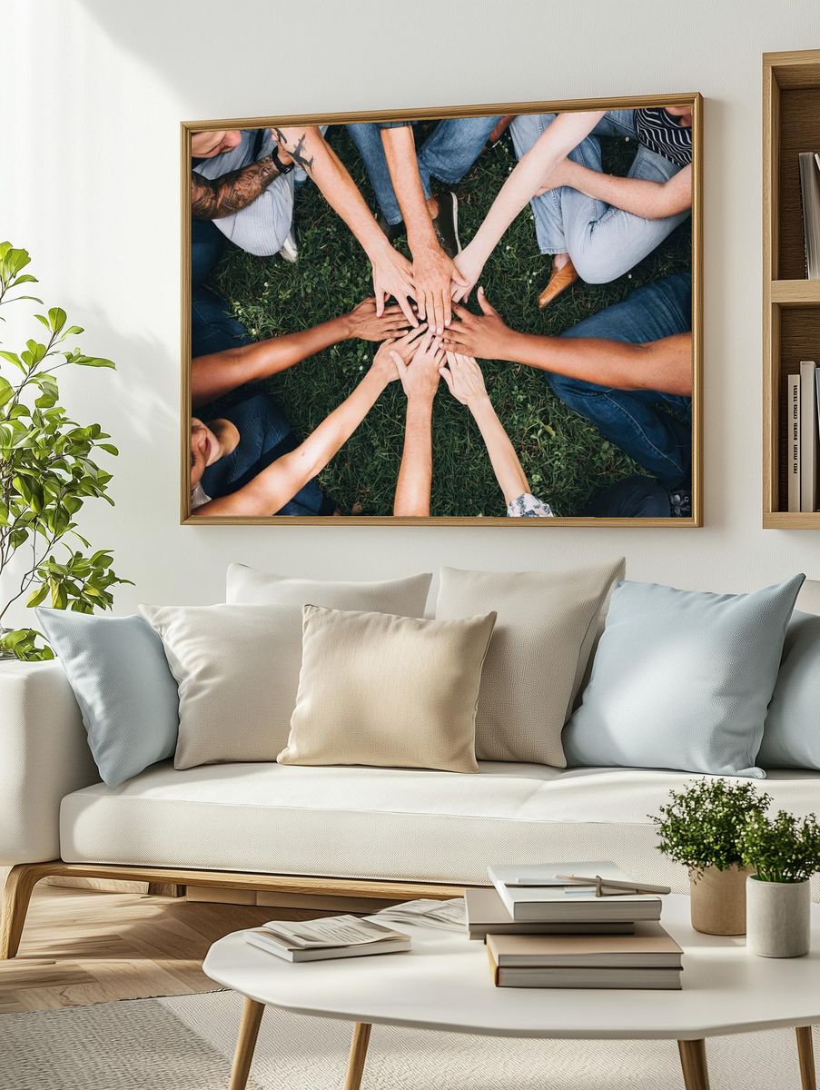 People stacking hands together park. — room view 2