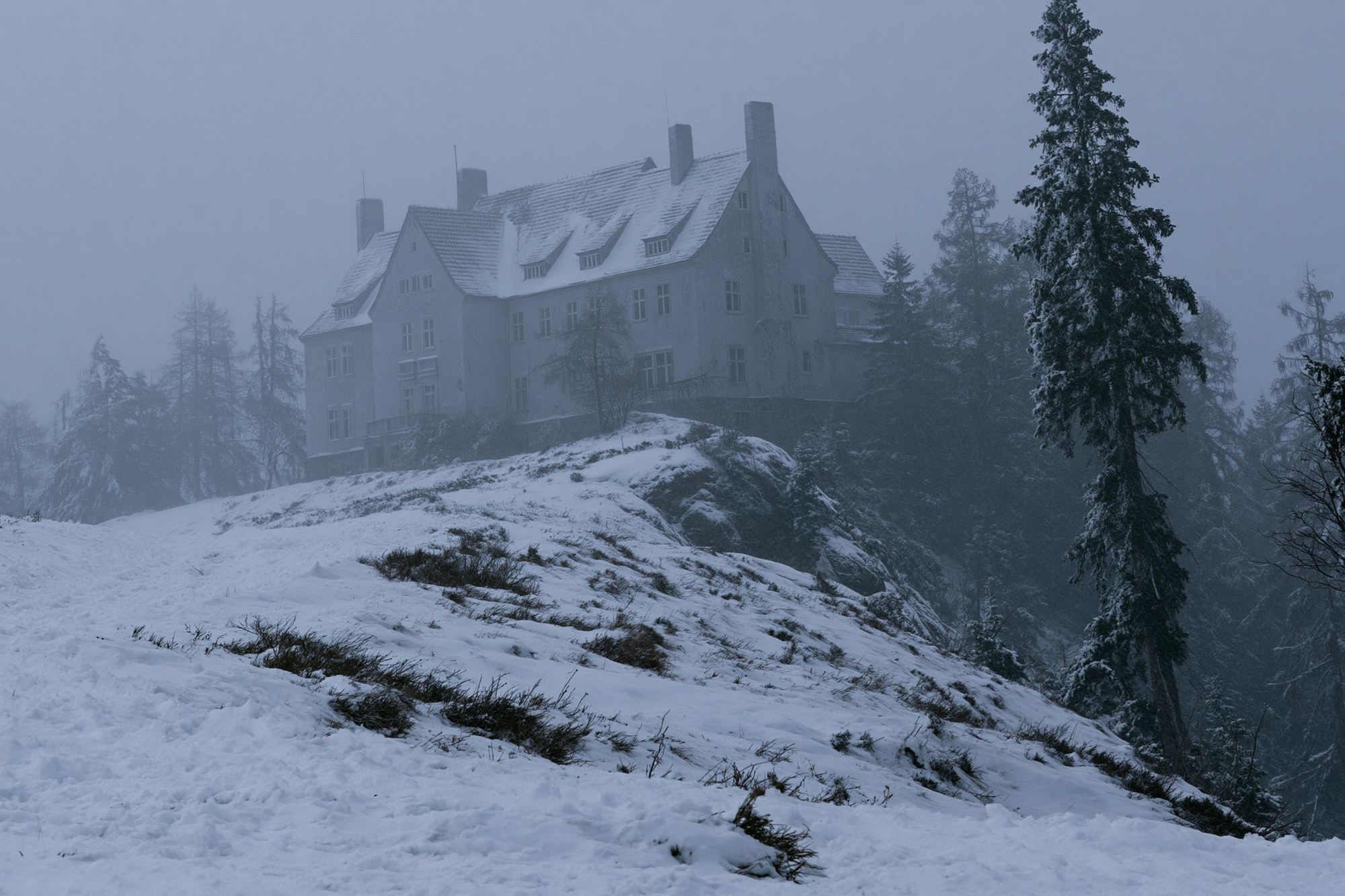 Snowy Mountain Manor Photography Poster. poster detail