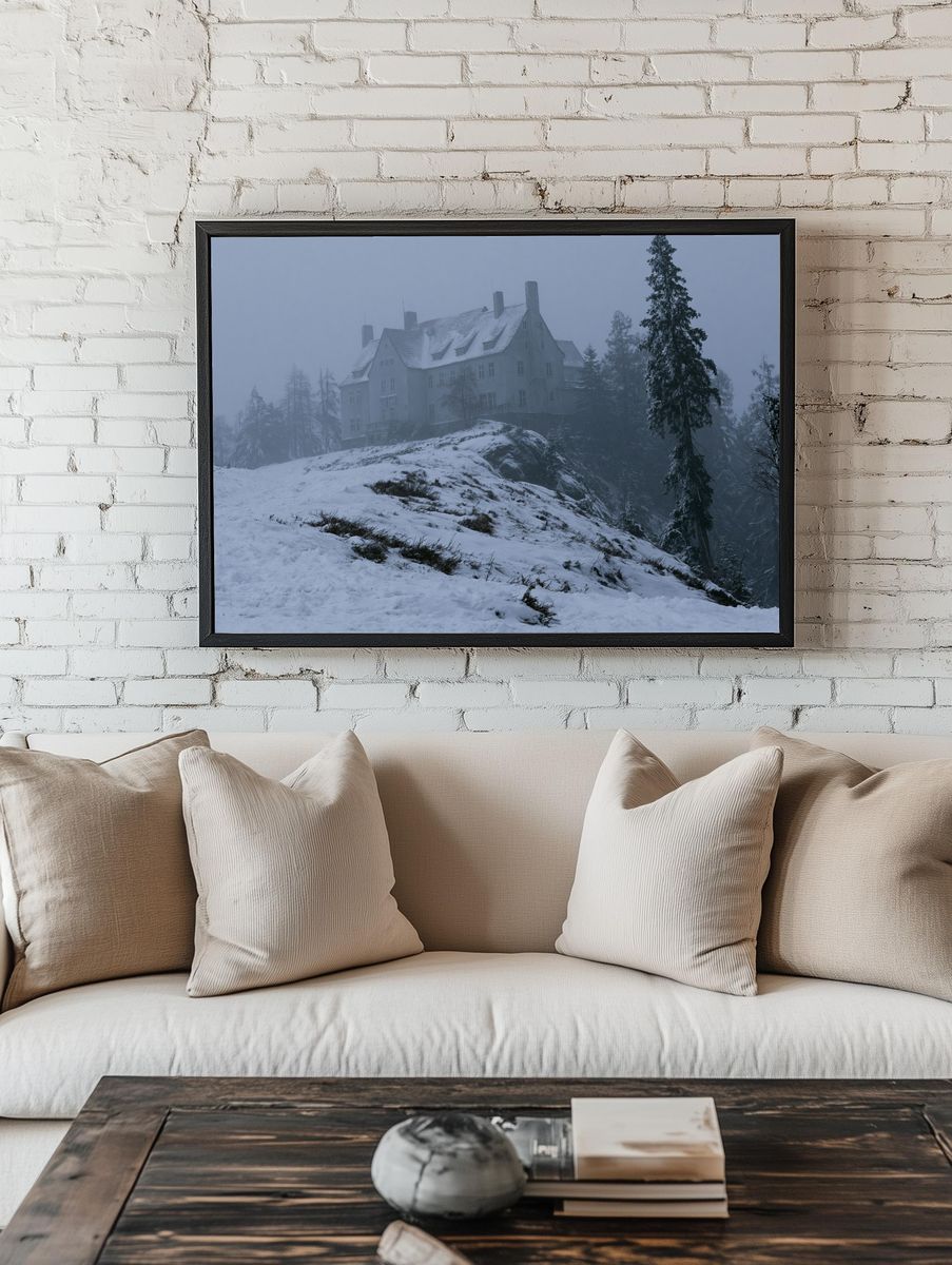 Snowy Mountain Manor Photography Poster. room preview