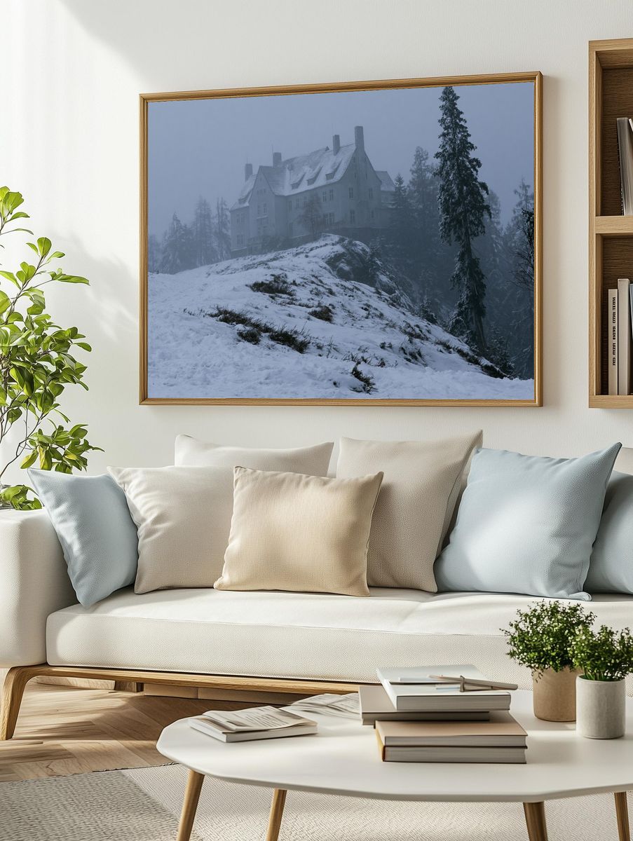 Snowy Mountain Manor Photography Poster. — room view 2