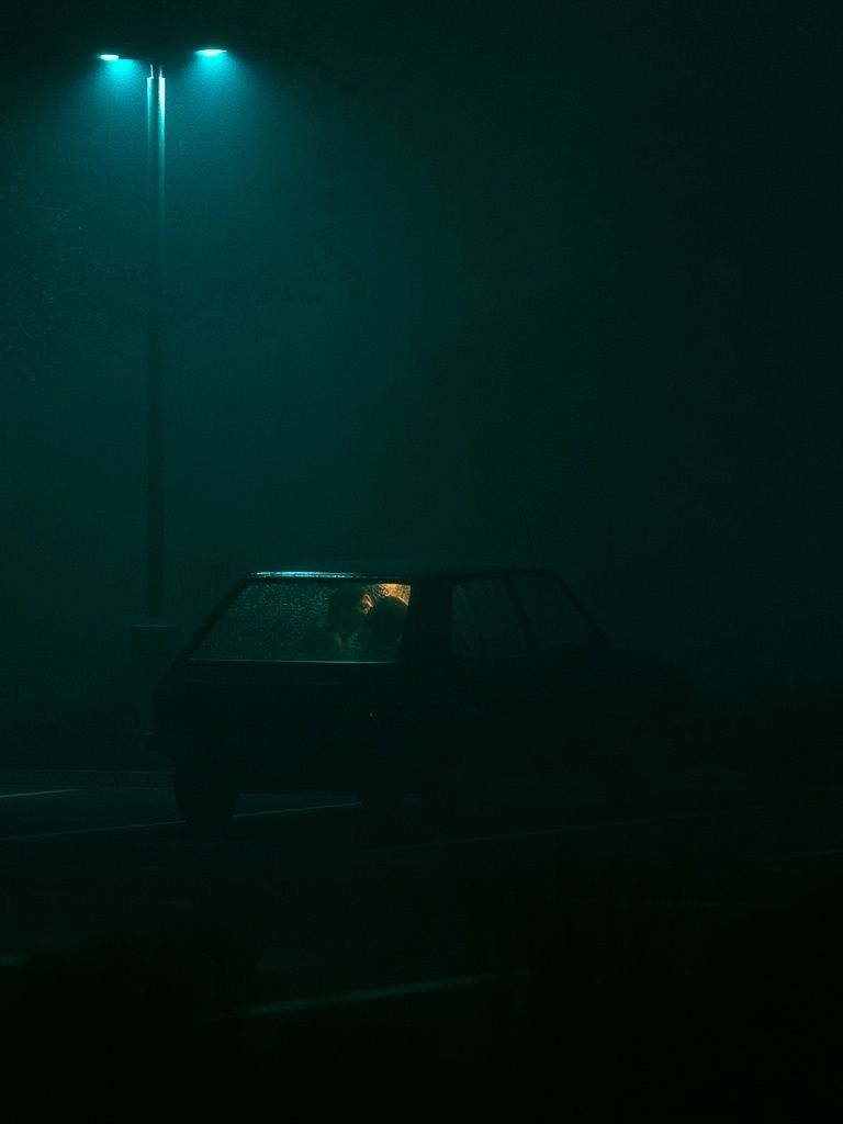 Nocturnal Car in Fog Photography Poster. poster detail