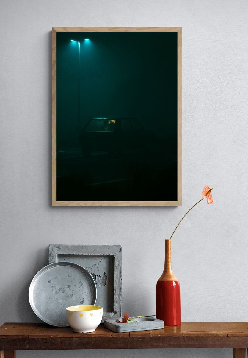 Nocturnal Car in Fog Photography Poster. — room view 3