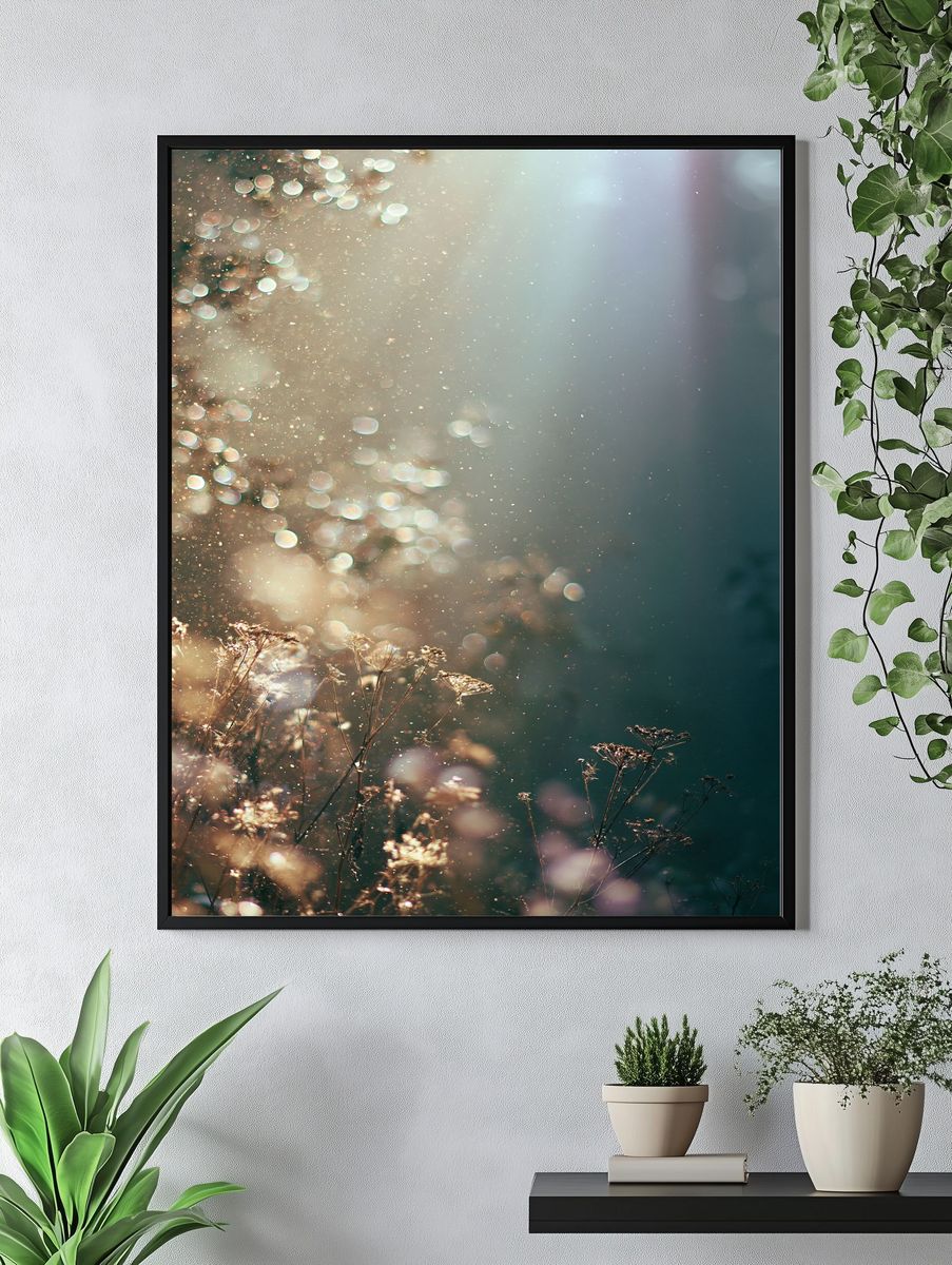 Sunlit Meadow Bokeh Photography Poster. — room view 4