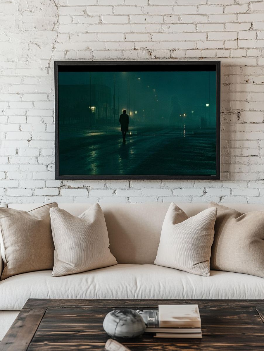 Lonely Figure in Foggy Street Photography Poster. room preview