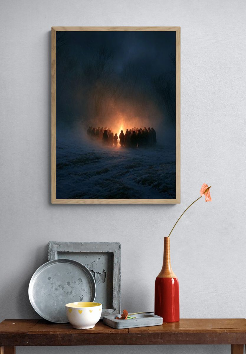 Winter Bonfire Gathering Photography Poster. — room view 3
