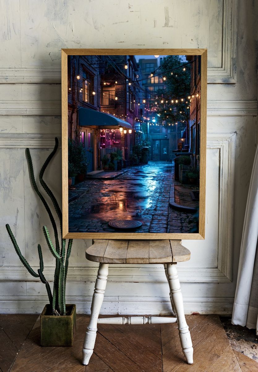 Rainy Alley Lights Photography Poster. room preview
