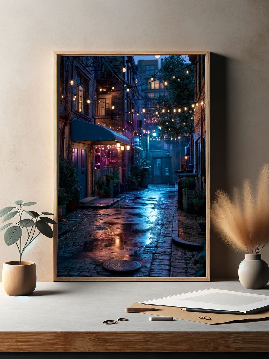 Rainy Alley Lights Photography Poster. — room view 2