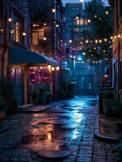 Rainy Alley Lights Photography Poster.