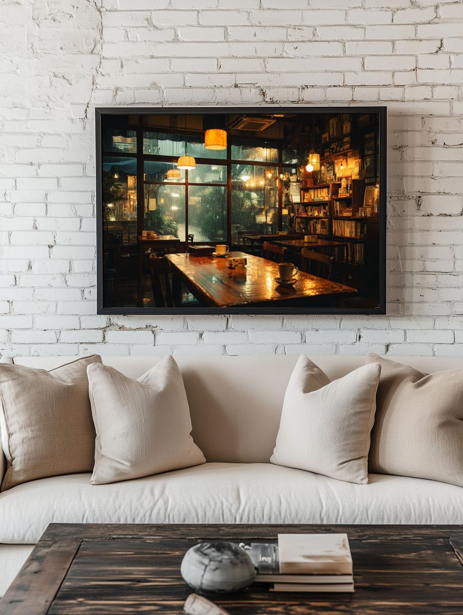 Rainy Cozy Cafe Interior Photography Poster. — room view 1