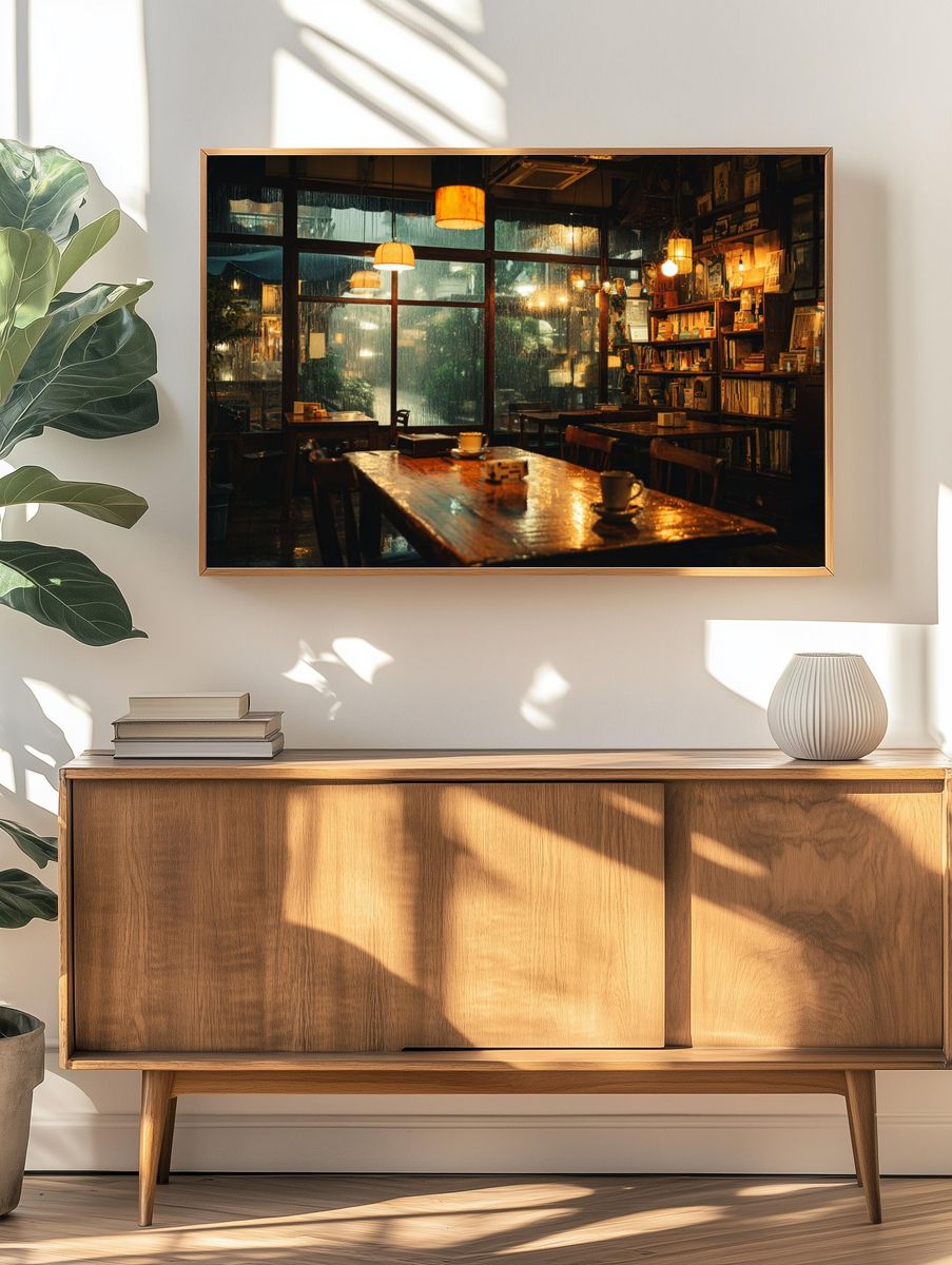 Rainy Cozy Cafe Interior Photography Poster. — room view 3