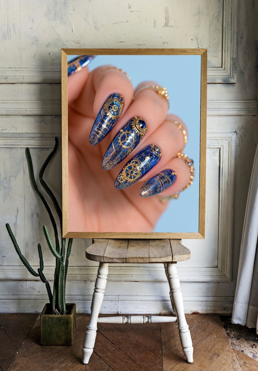 Blue Steampunk Nail Art Photography Poster. — room view 1