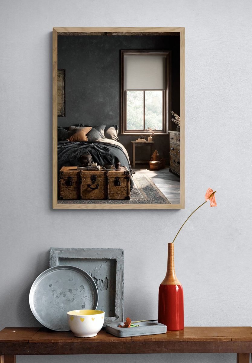 Moody Rustic Bedroom Interior Photography Poster. — room view 3