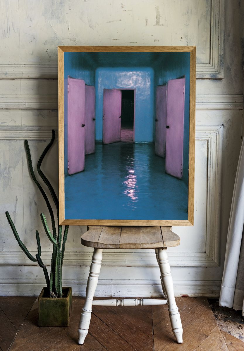 Dreamy Blue Corridor Photography Poster. room preview