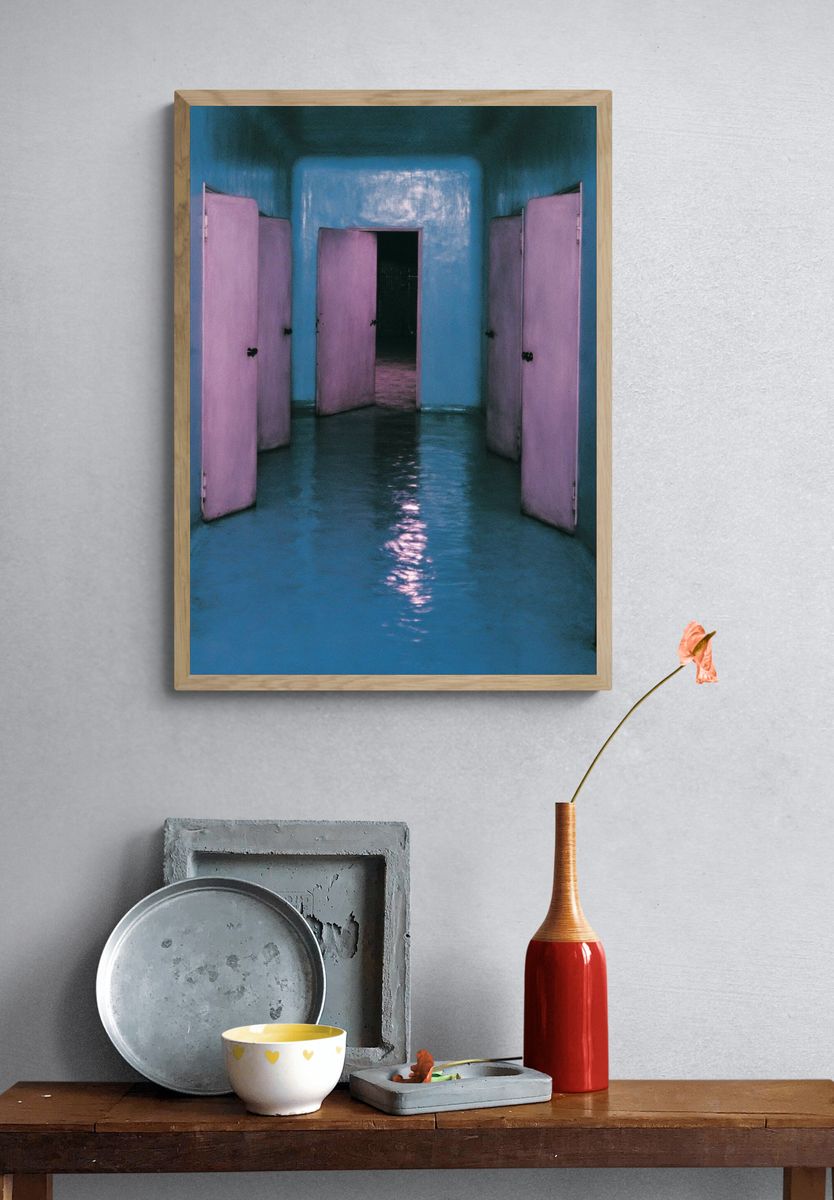 Dreamy Blue Corridor Photography Poster. — room view 3