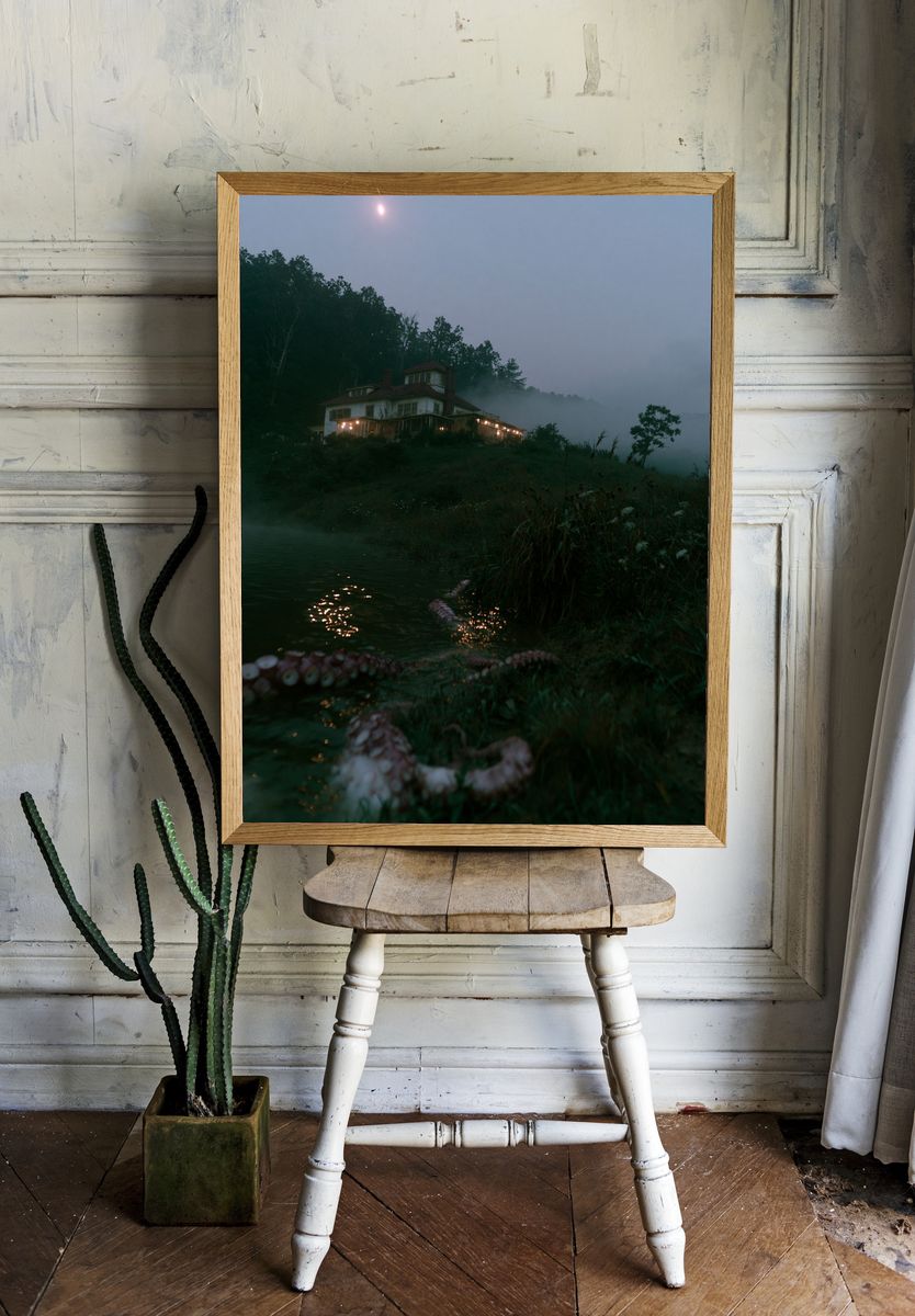 Misty Lakeside House Photography Poster. room preview
