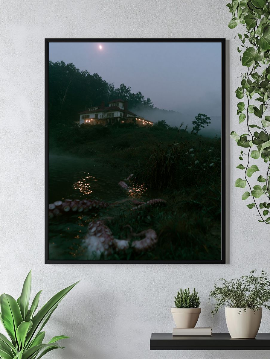 Misty Lakeside House Photography Poster. — room view 4