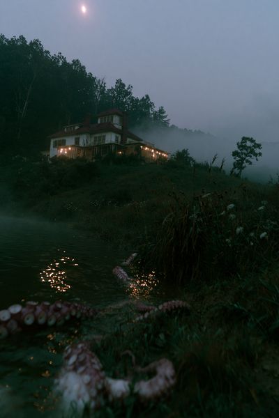 Misty Lakeside House Photography Poster. poster