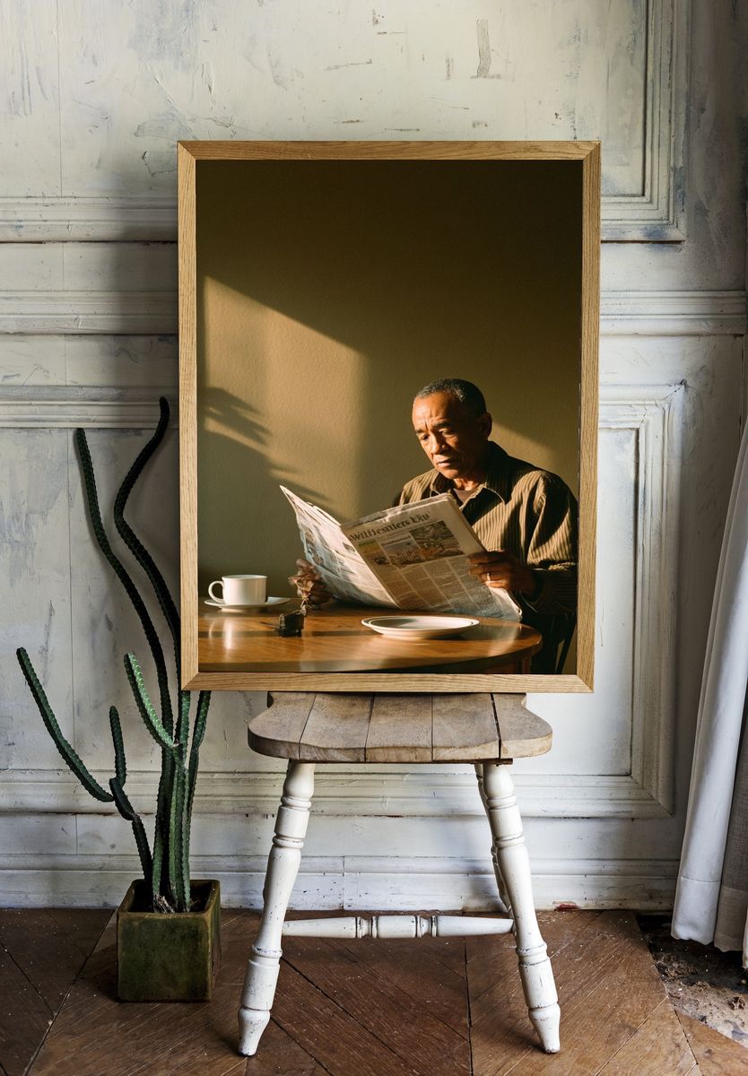 Sunlit Morning Reader Photography Poster. room preview