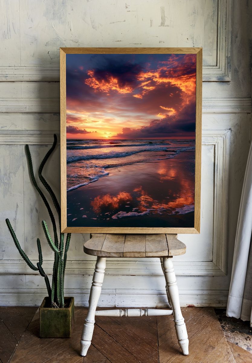 Sunset Ocean Waves Photography Poster. — room view 1