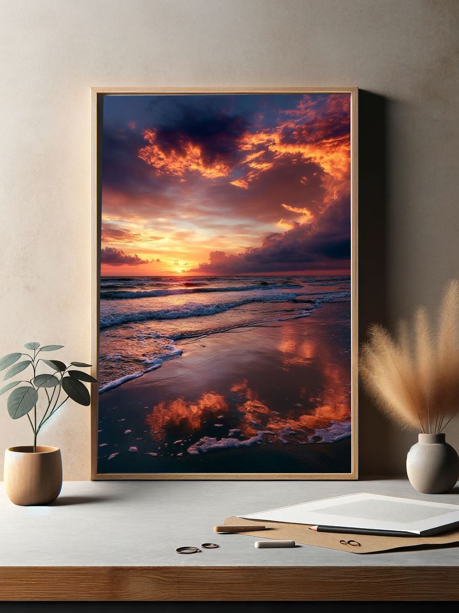 Sunset Ocean Waves Photography Poster. — room view 2