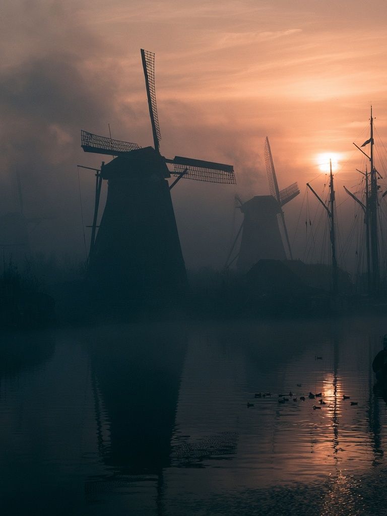Misty Windmills at Sunset Poster. poster detail