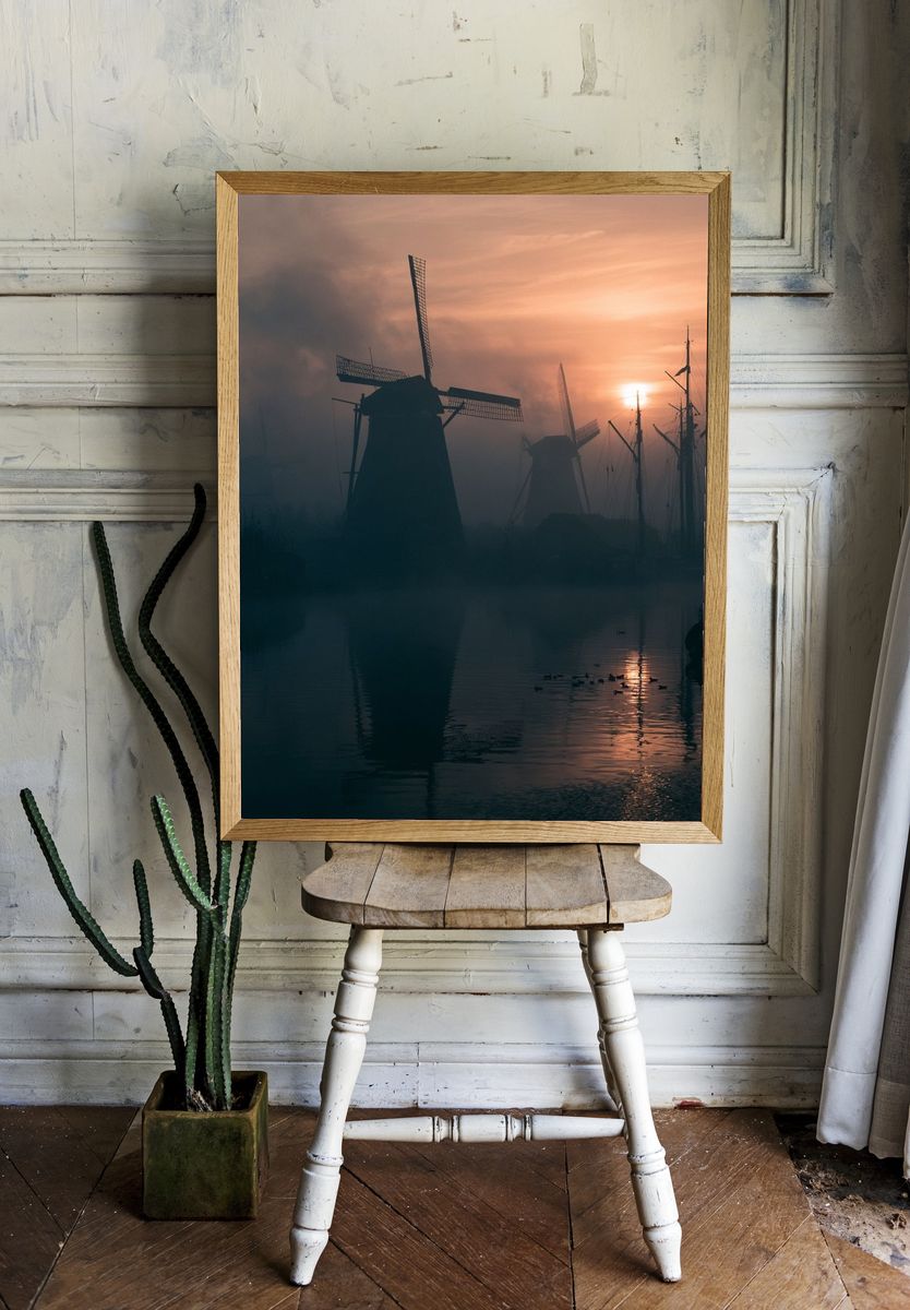 Misty Windmills at Sunset Poster. room preview