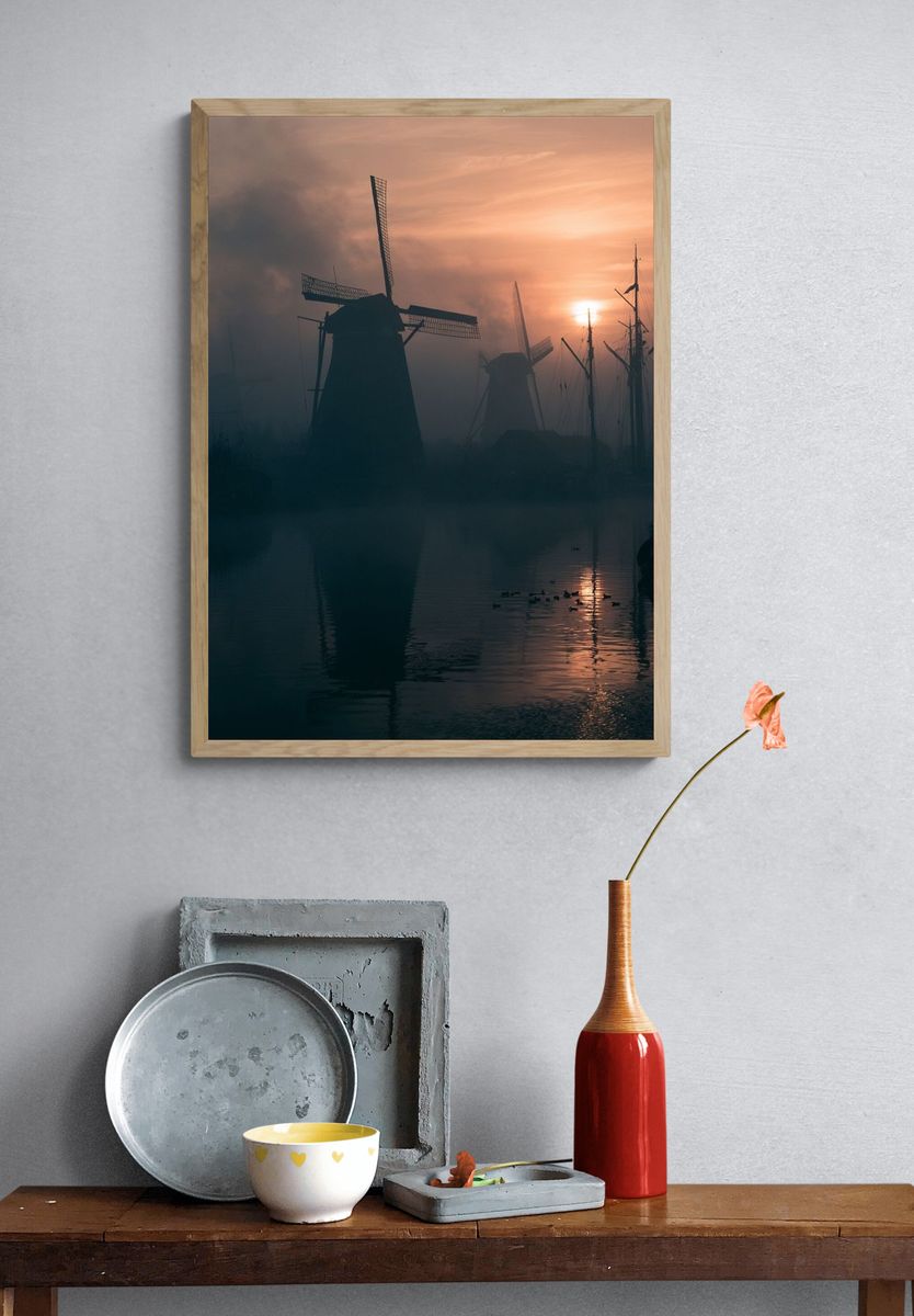 Misty Windmills at Sunset Poster. — room view 3