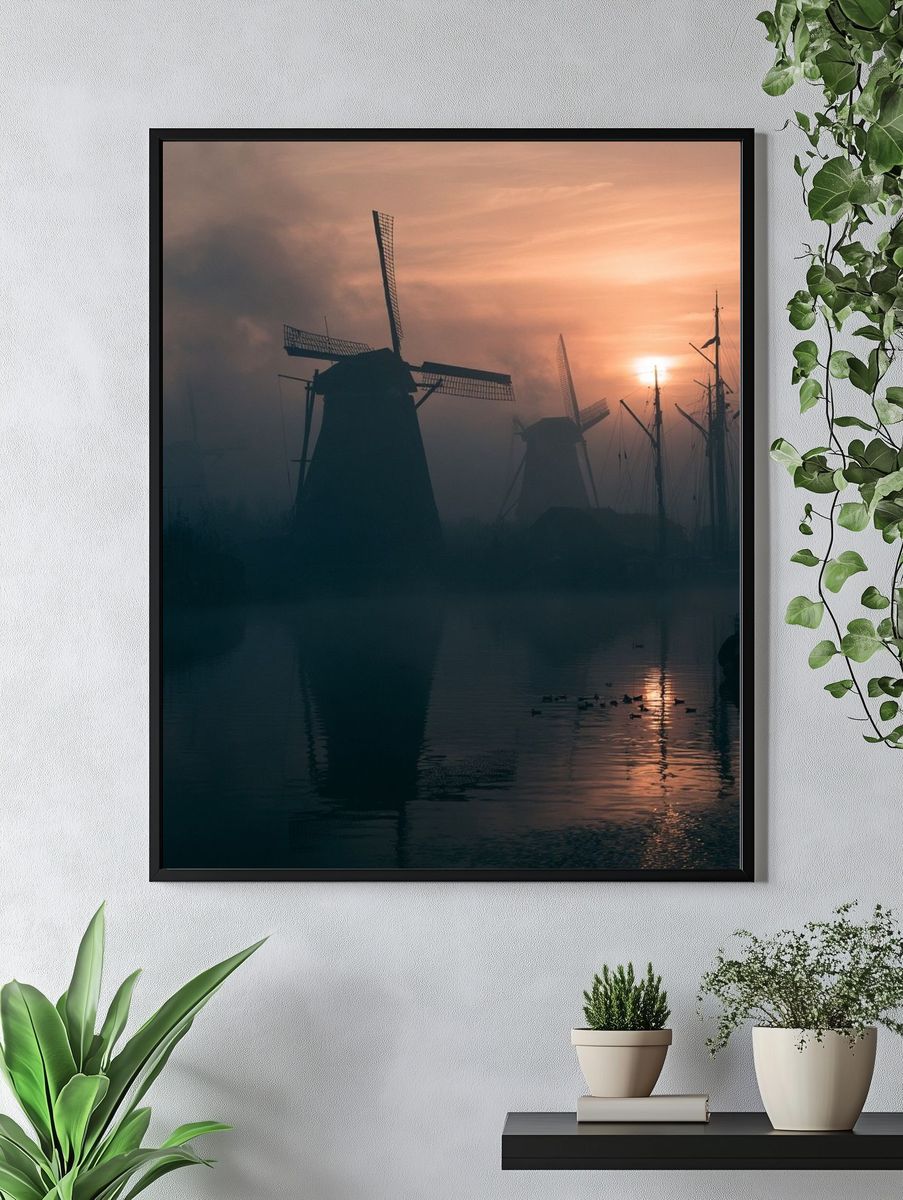 Misty Windmills at Sunset Poster. — room view 4