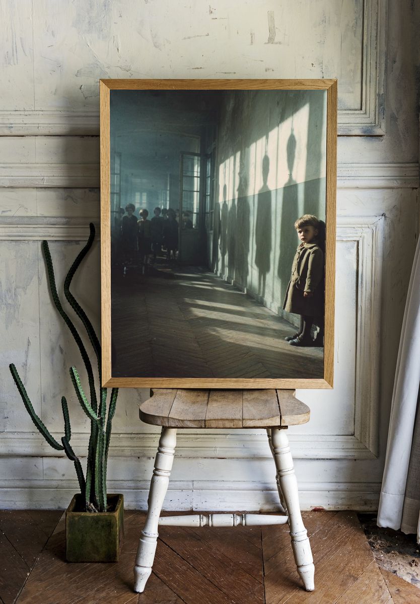 Lonely Child in Sunlit Corridor Poster. — room view 1