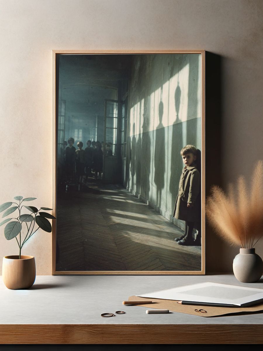Lonely Child in Sunlit Corridor Poster. — room view 2