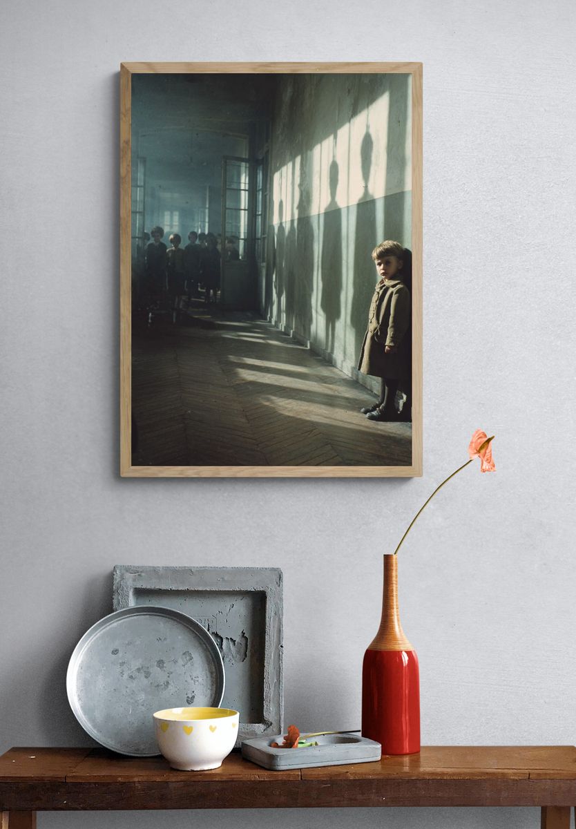 Lonely Child in Sunlit Corridor Poster. — room view 3