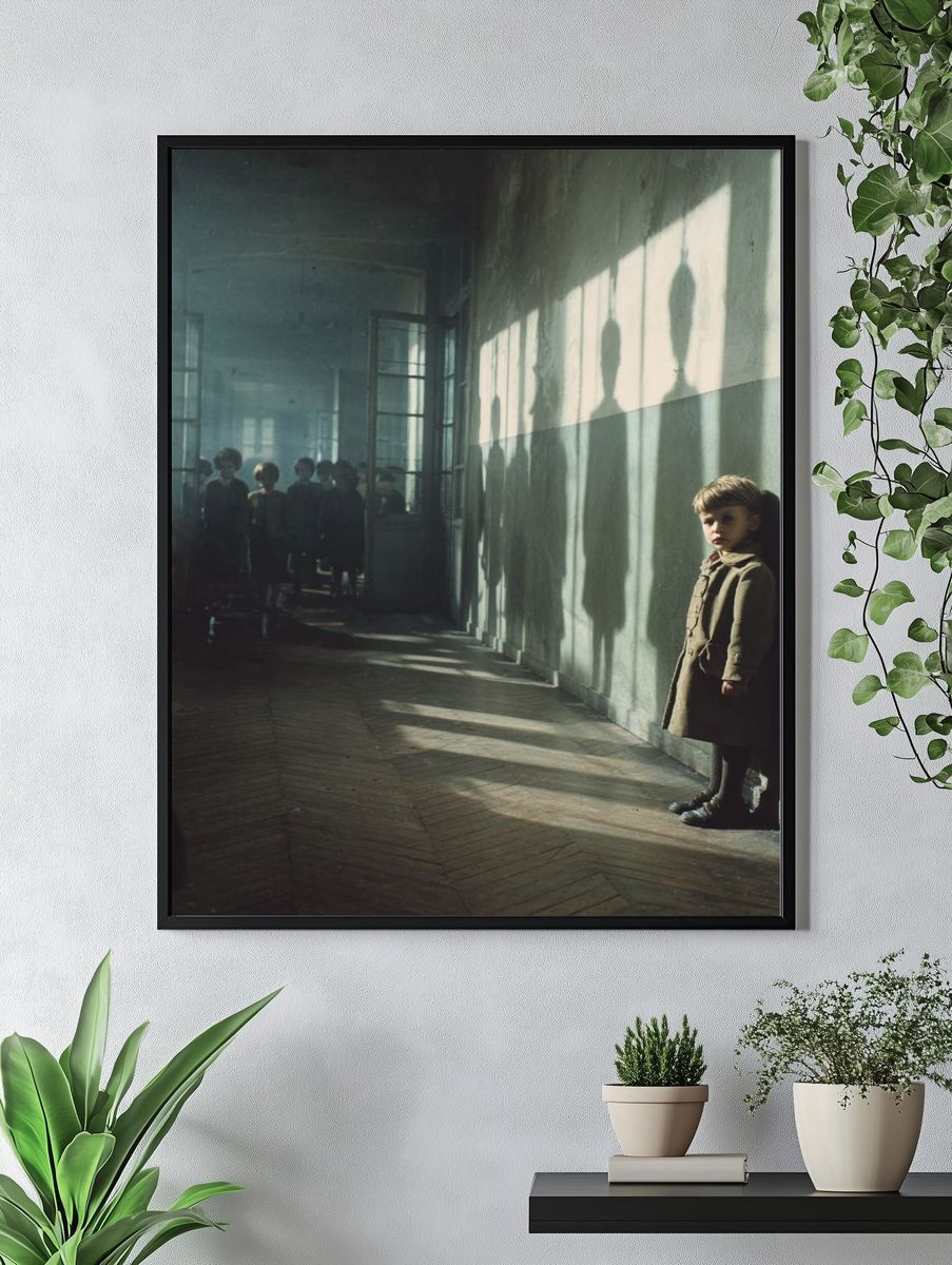 Lonely Child in Sunlit Corridor Poster. — room view 4