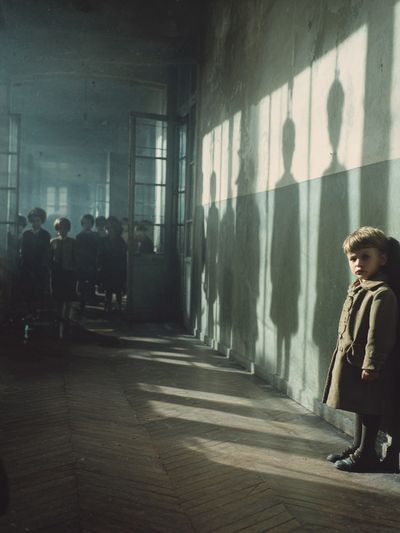 Lonely Child in Sunlit Corridor Poster. poster print