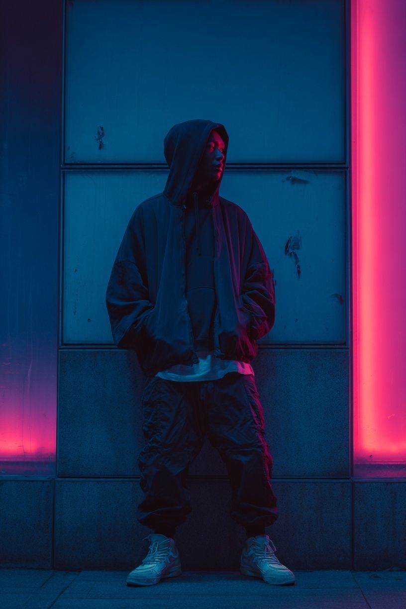 Neon Hooded Figure Photography Poster. poster detail