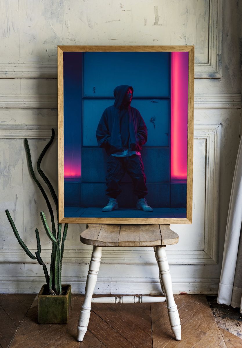 Neon Hooded Figure Photography Poster. room preview