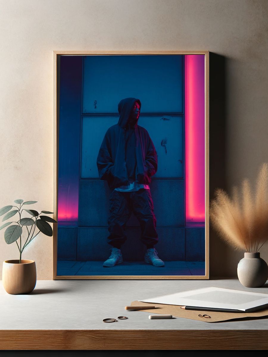 Neon Hooded Figure Photography Poster. — room view 2