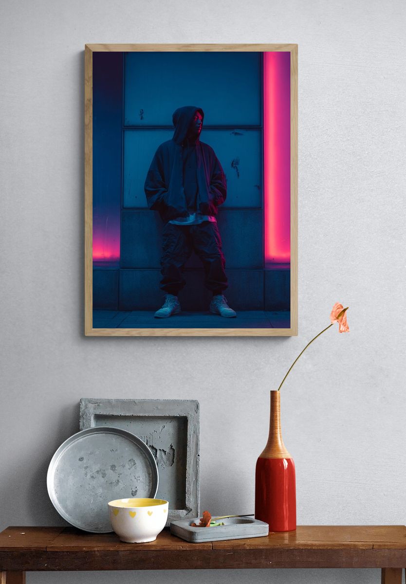 Neon Hooded Figure Photography Poster. — room view 3