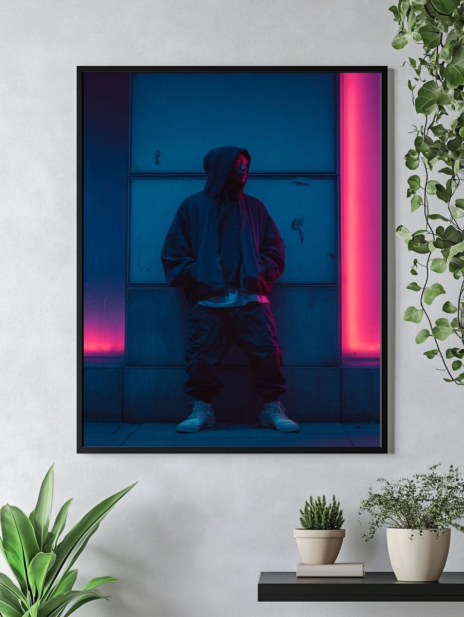 Neon Hooded Figure Photography Poster. — room view 4